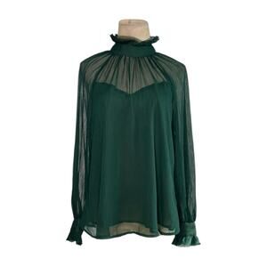 By The River green partially sheer long sleeved blouse size Small